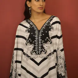 Anouk Paisley Printed V-Neck Pure Silk Kaftan Kurti With Trousers image 5