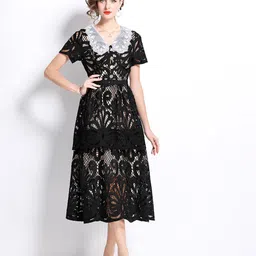 JC Collection Peter Pan Collar Lace Inserts A-Line Midi Dress image 5