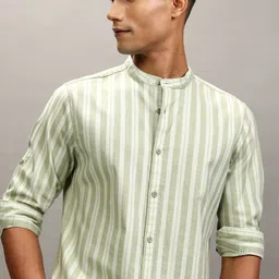 HIGHLANDER Men Band Collar Vertical Striped Cotton Casual Shirt-image-43