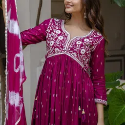 Anouk Women Floral Embroidered Empire Aari Work Pure Cotton Kurta with Pyjamas & With Dupatta image 1