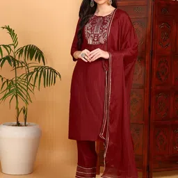 KALINI Floral Yoke Design Round Neck Thread Work Straight Kurta With Trousers & Dupatta-image-67