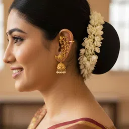 VIVAZS Gold-Plated Artificial Stones Studded And Beaded Peacock Shaped Oxidised Ear Cuff-picture-11