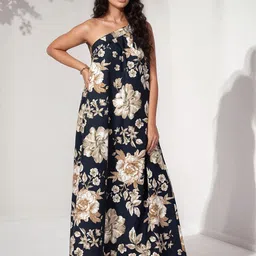 Murcia Women Floral Printed Tie-Ups One Shoulder Linen Fit & Flare Maxi Dress image 2