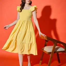 DIMPY GARMENTS Yellow Solid Midi A-Line Dress-image-50