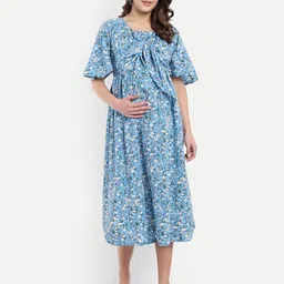 Mammas Maternity Women Floral Printed Flared Sleeve Crepe A-Line Midi Dress-image-46