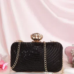 Swisni Black & Gold-Toned Embroidered Box Clutch-image-8