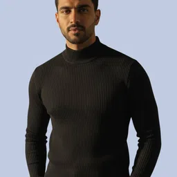 peak mount Men Solid High Neck Black Sweater-picture-19