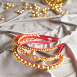 Choko Girls Gold-Toned & Red Set of 3 Embellished Hairband-image-85