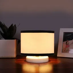 Devansh White & Black Colourblocked Cotton Table Lamp With Wooden Base image 2