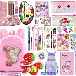 neel 36-Pcs Unicorn All School Stationery Gift set for Girls Art & Craft Stationery with Zipper Fur Shoulder Bag Pen Pencil Eraser Diary Party Return Birthday Gift Art Plastic Pencil Box image 1
