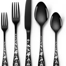 motka Matte Black Silverware Set | 5-Piece Flatware with Christmas Printed Handle Stainless Steel Cutlery Set-picture-17