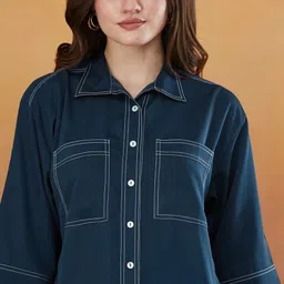 j turritopsis Women Boxy Fit Solid Curved Collar Casual Shirt image 4