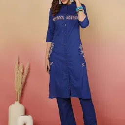 Sangria Women Embroidered Pure Cotton Straight Kurta With Trousers-image-61