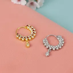 PRIVIU Set Of 2 Gold-Plated American Diamond Studded Ring Nosepins-image-3