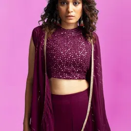 PARROT CREATION Geometric Embroidered Halter Neck Crop Top With Palazzos & Shrug image 3