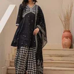 Juniper Women Ethnic Motifs Printed Pure Cotton A-Line Kurta with Palazzo & Dupatta-picture-29