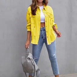 HERE&NOW Women Solid Spread Collar Denim Jacket-picture-6