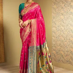 Mitera Ethnic Motifs Zari Silk Blend Handloom Paithani Saree-picture-30