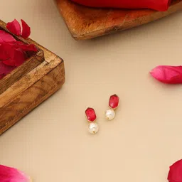 Ruby Raang Girls Gold-Plated Kundan Studded & Pearls Beaded Hexagon Shaped Drop Earrings-picture-20