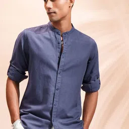 LOCOMOTIVE Men Band Collar Solid Cotton Casual Shirt-image-36