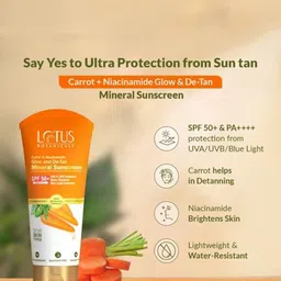Lotus Botanicals Carrot & Niacinamide Glow and De-Tan Mineral Sunscreen With SPF 50+ - 50g image 2