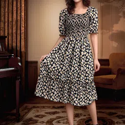 Moda Rapido Floral Print Smocked Fit & Flare Midi Dress-image-26