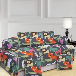 Myntra Elegant HomesGry & Orange 8 Pieces Cartoon Characters Printed Diwan Set-image-0