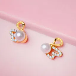 Bishty Fashion Stainless Steel Gold-Plated Cubic Zirconia Studded & Pearls Swan Studs-picture-19