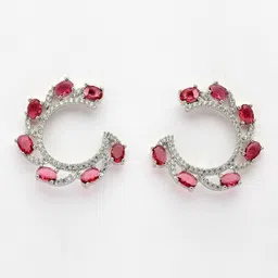 ZENEME Rhodium Plated American Diamond Studded Contemporary Half Hoop Earrings image 2