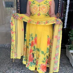 Sdc Collections Floral Printed V-Neck Pure Chiffon Angrakha Anarkali Kurti-image-1