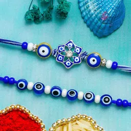 eCraftIndia Set Of 2 Stones Studded Floral Evil Eye Design Thread Rakhi-picture-35