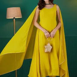 TextileNow Embroidered Sweetheart Neck Sequinned Georgette A-Line Kurta Trousers & Dupatta-picture-11