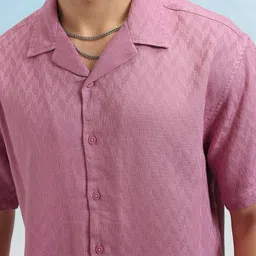 HIGHLANDER Men Cuban Collar Textured Solid Cotton Relaxed Fit Casual Shirt image 3