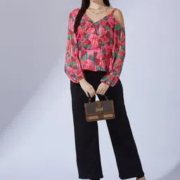 Globus Abstract Print V-Neck One Shoulder Bishop Sleeves Peplum Party Top image 2