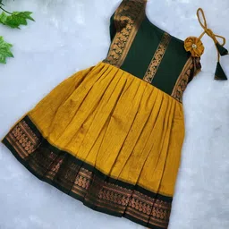 Amba Collection Boutique Girls Yellow & Green Traditional Kalyani Cotton Flower Knot Frock-image-12