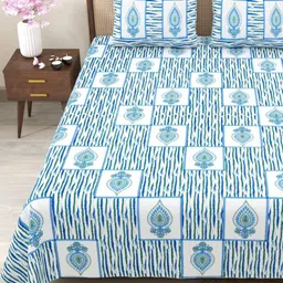 Myntra Elegant Homes Blue & Off White 180TC Cotton King Bedsheet Set 2.75 m x 2.25 m-picture-26