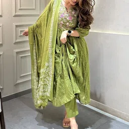 KALINI Floral Embroidered Thread Work Notch Neck A-Line Kurta with Trousers & Dupatta image 3