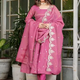 KAPADIYA FAB Ethnic Motifs Embroidered Empire Thread Work Kurta with Trousers & Dupatta image 3
