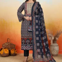 IOLY Women Ethnic Motifs Printed Regular Kantha Work Pure Cotton Kurti With Dupatta-image-53