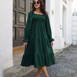 HERE&NOW Women Solid Smocked Fit & Flare Knee Length Dress-picture-15