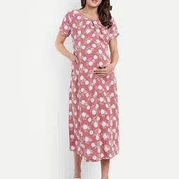 Mammas Maternity Women Polka Dot Print Crepe A-Line Maternity Midi Dress-image-50
