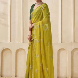 Elite Fashion Yellow Pure Georgette Embroidered Sarees image 2