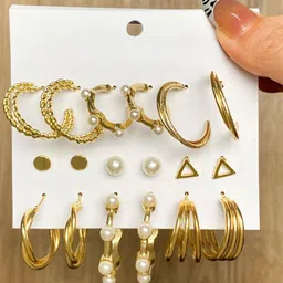 Celestria Set Of 9 Contemporary Pearls Studs & Hoops Earrings-picture-13