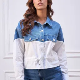 StyleStone Women Spread Collar Colourblocked Denim Jacket-image-80