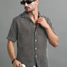 The Roadster Lifestyle Co Textured Pure Cotton Cuban Collar Crochet Shirt-picture-0