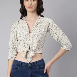 SHOWOFFFF Animal Print Puff Sleeve Crepe Shirt Style Crop Top image 3