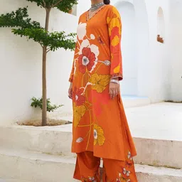 AUTUMN LANE Sonpal Apricot Floral Printed Thread Work Pure Cotton Kurta With Palazzos-picture-25