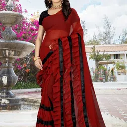 F FASHION Pure Georgette Ruffles Saree With Unstitched Blouse Piece image 2