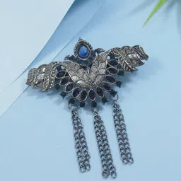 I Jewels Silver-Plated Oxidised Kundan Safa Kalangi Brooch-picture-14