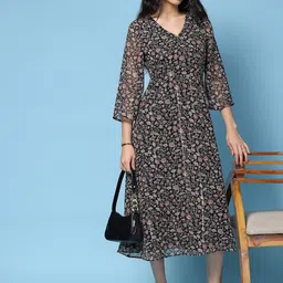 HERE&NOW Women Floral Printed Georgette A-Line Midi Dress image 5